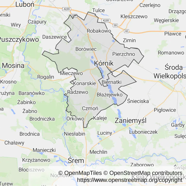Mapa z zaznaczonym Kórnikiem