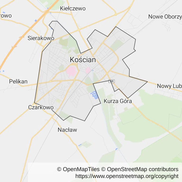 Mapa z zaznaczonym Kościanem