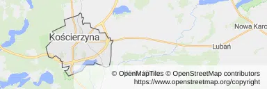 Mapa z zaznaczoną Kościerzynem