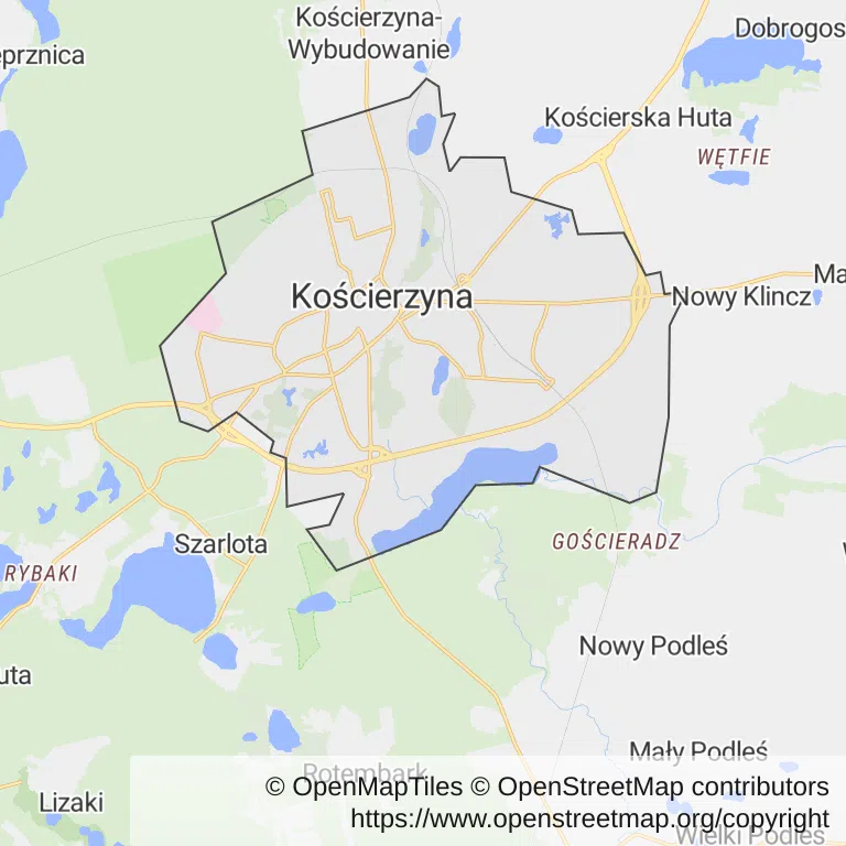 Mapa z zaznaczoną Kościerzynem