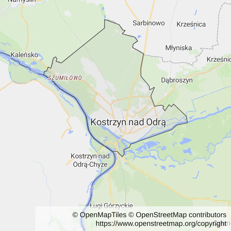 Mapa z zaznaczonym Kostrzynie nad Odrą