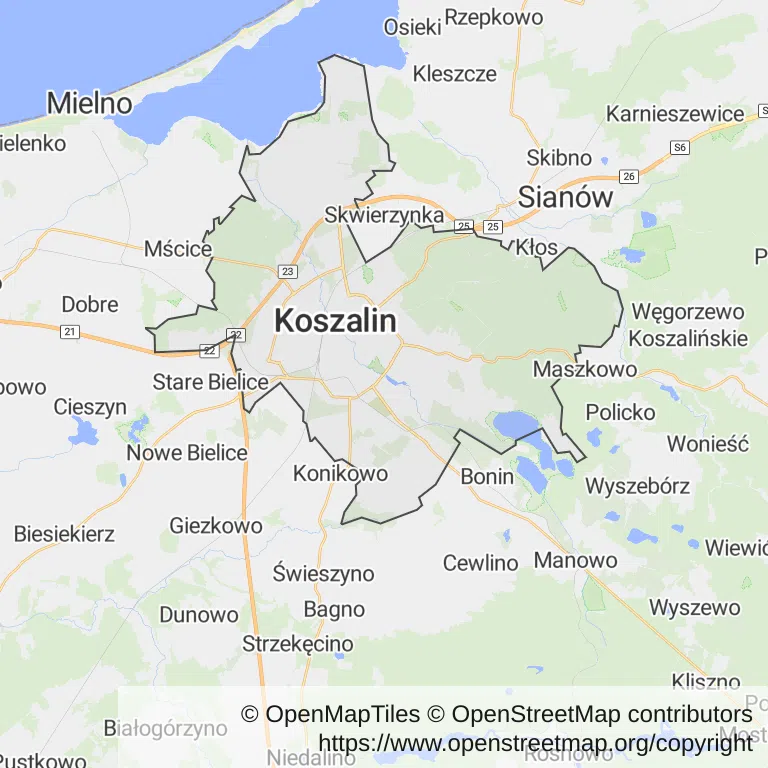 Mapa z zaznaczonym Koszalinem