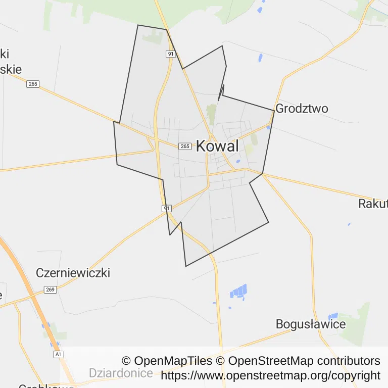 Mapa z zaznaczonym Kowalu