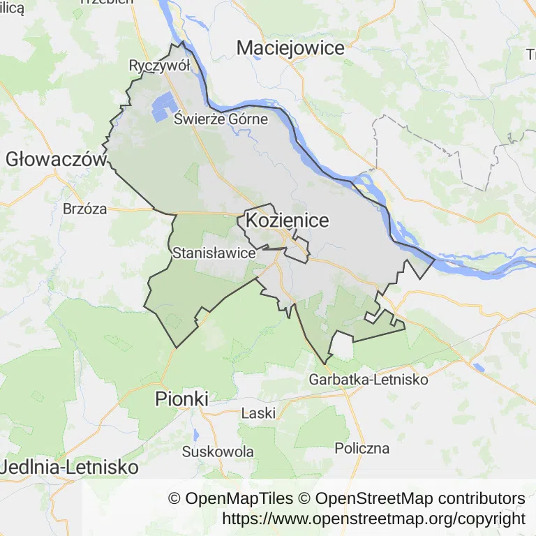 Mapa z zaznaczonymi Kozienicami