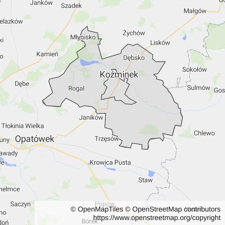 Mapa z zaznaczonym Koźminkiem