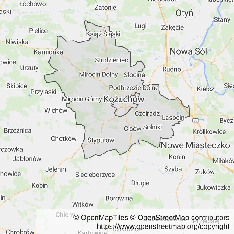 Mapa z zaznaczonym Kożuchowem