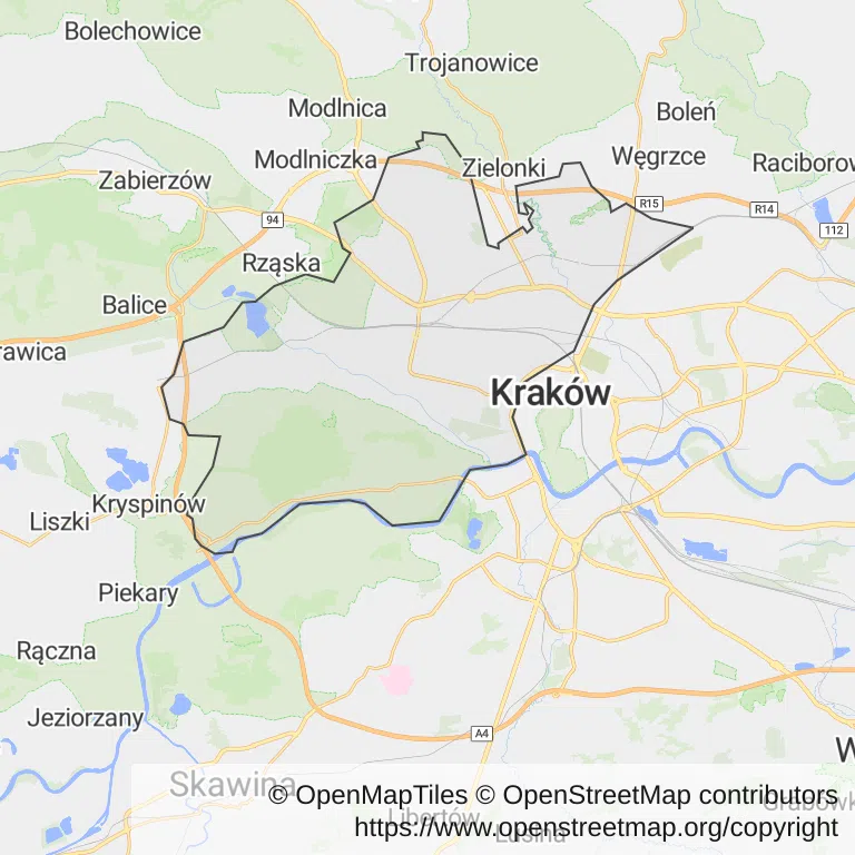 Mapa z zaznaczoną Krowodrzą w Krakowie