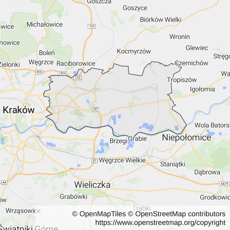 Mapa z zaznaczoną Nowa Hutą w Krakowie