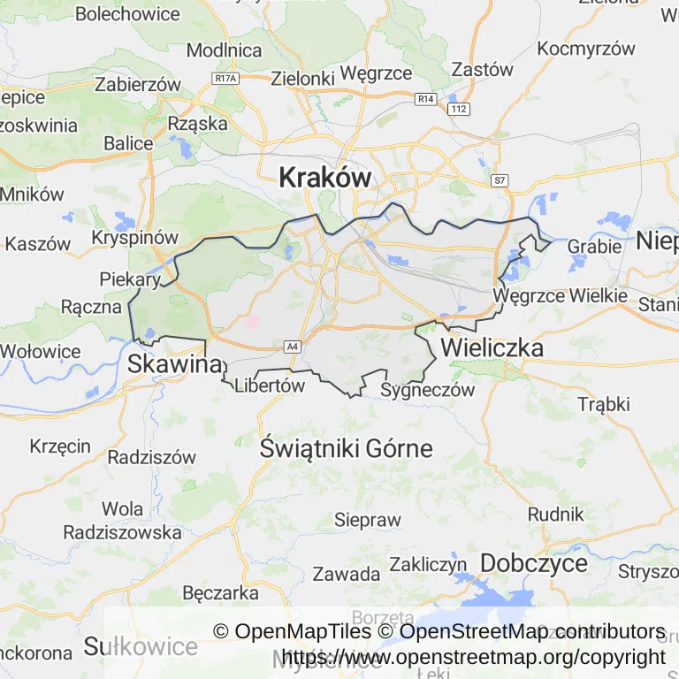 Mapa z zaznaczonym Podgórzem w Krakowie