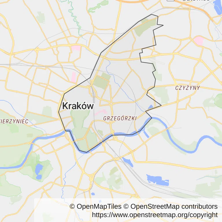 Mapa z zaznaczonym Śródmieściem w Krakowie