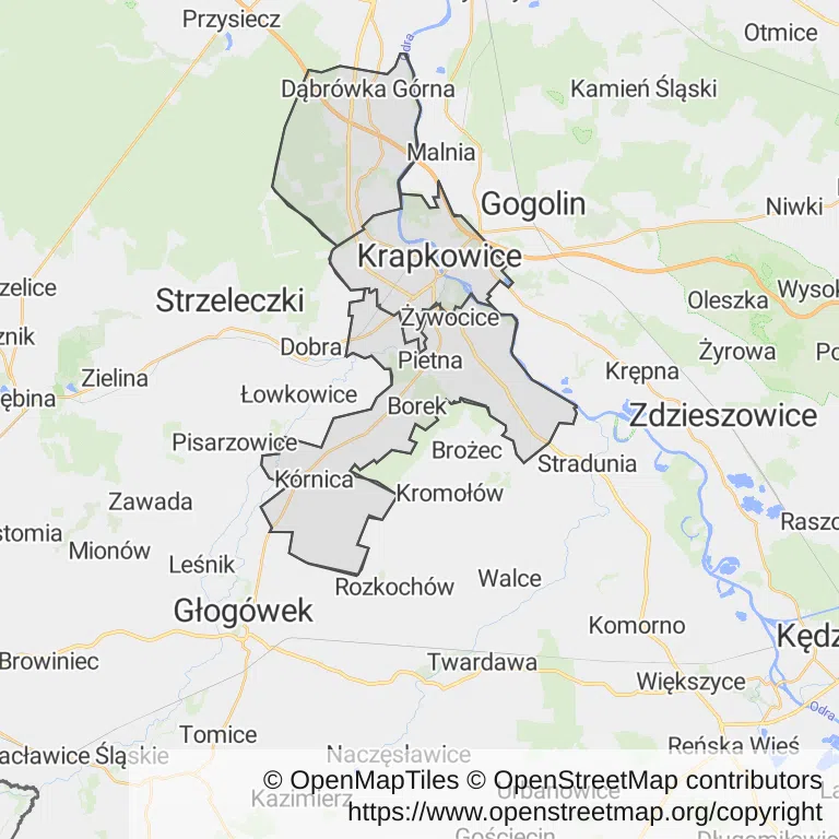 Mapa z zaznaczonymi Krapkowicami