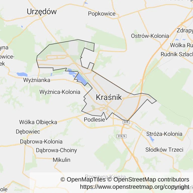 Mapa z zaznaczonym Kraśnikiem
