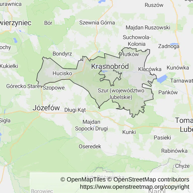 Mapa z zaznaczonym Krasnobrodzem