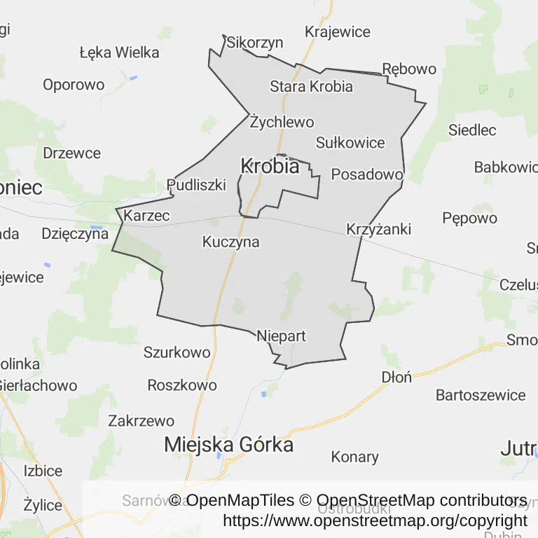 Mapa z zaznaczoną Krobi
