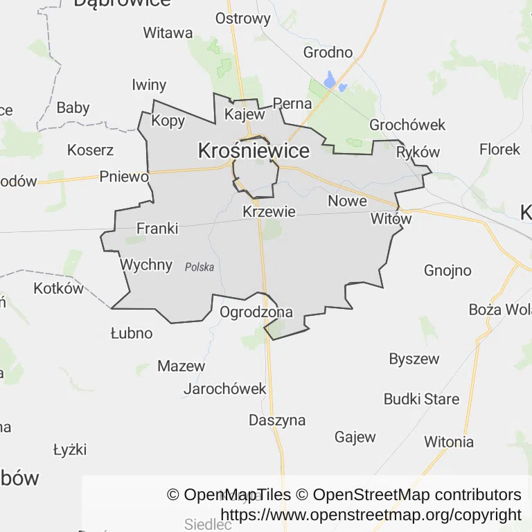 Mapa z zaznaczonymi Krośniewicami