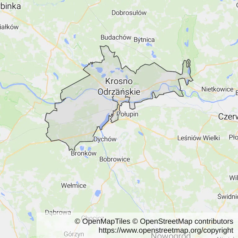 Mapa z zaznaczonym Krośnie Odrzańskim