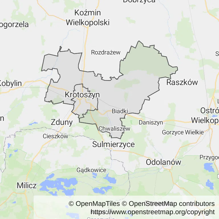 Mapa z zaznaczonym Krotoszynem