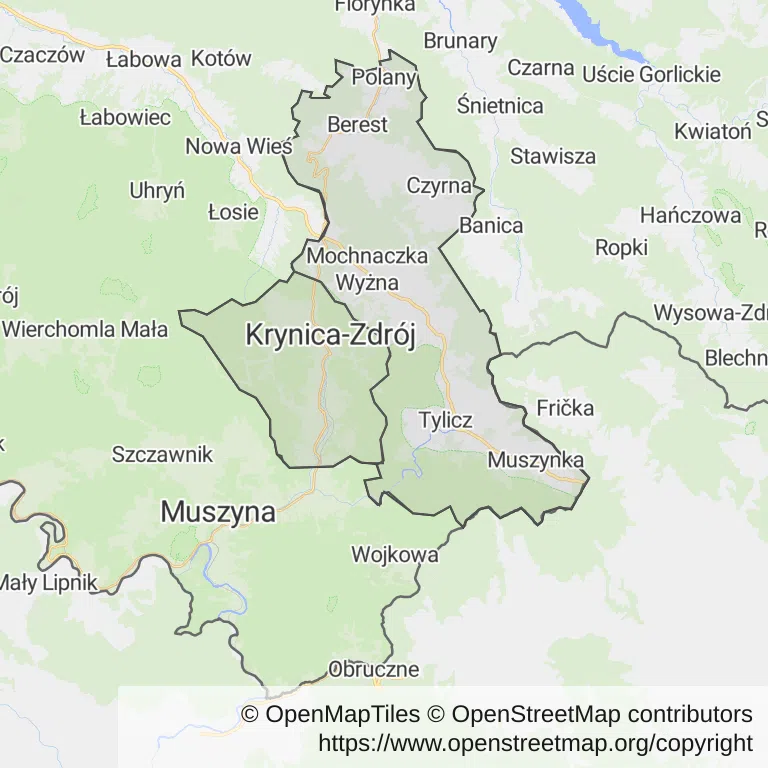 Mapa z zaznaczonym Krynicy-Zdroju