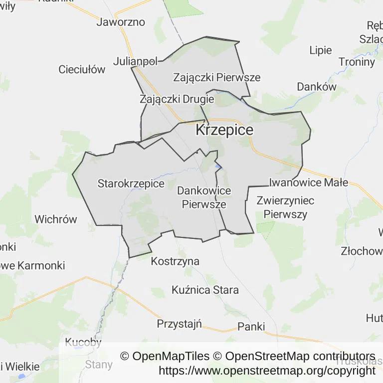 Mapa z zaznaczonymi Krzepicami