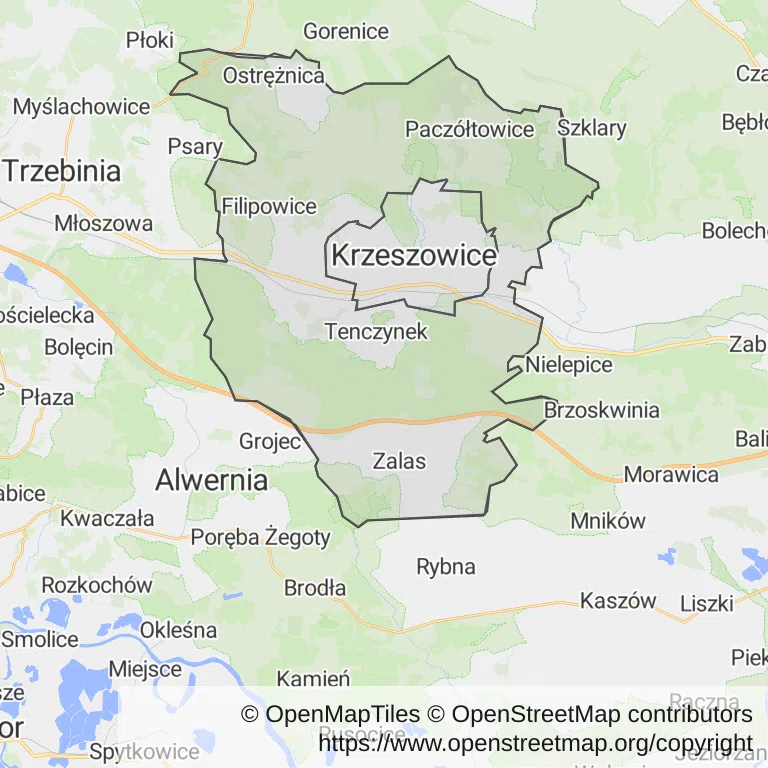 Mapa z zaznaczonymi Krzeszowicami