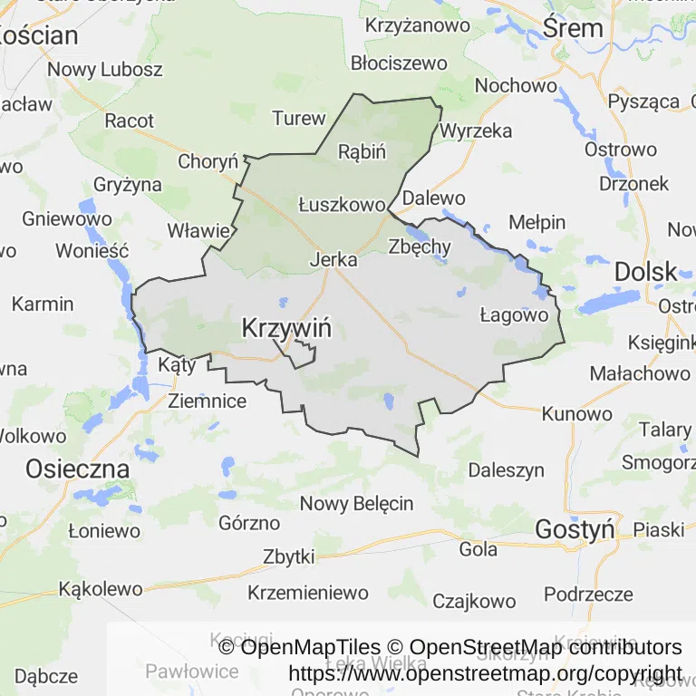Mapa z zaznaczonym Krzywiniu