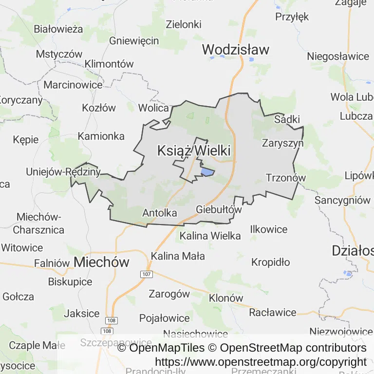 Mapa z zaznaczonym Książu Wielkim