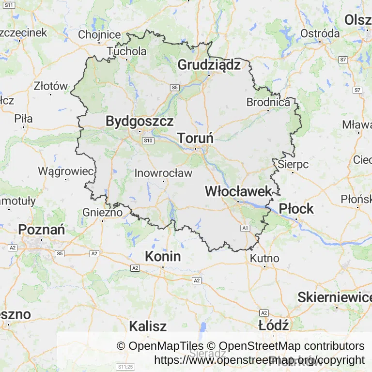 Rezonans magnetyczny na NFZ — Mapa z zaznaczonym województwem kujawsko-pomorskim