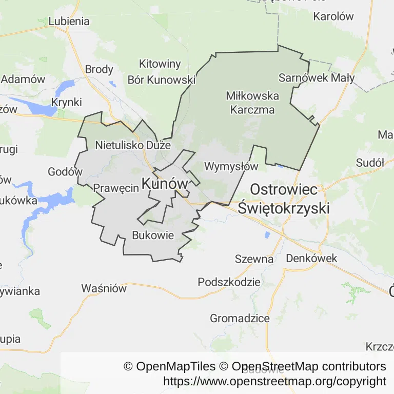 Mapa z zaznaczonym Kunowem