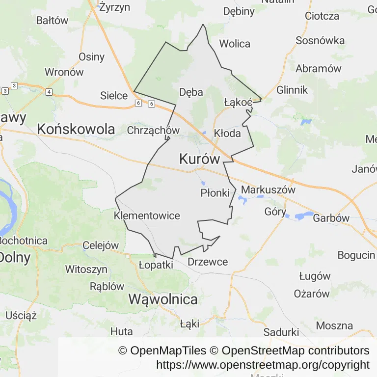 Mapa z zaznaczonym Kurowem