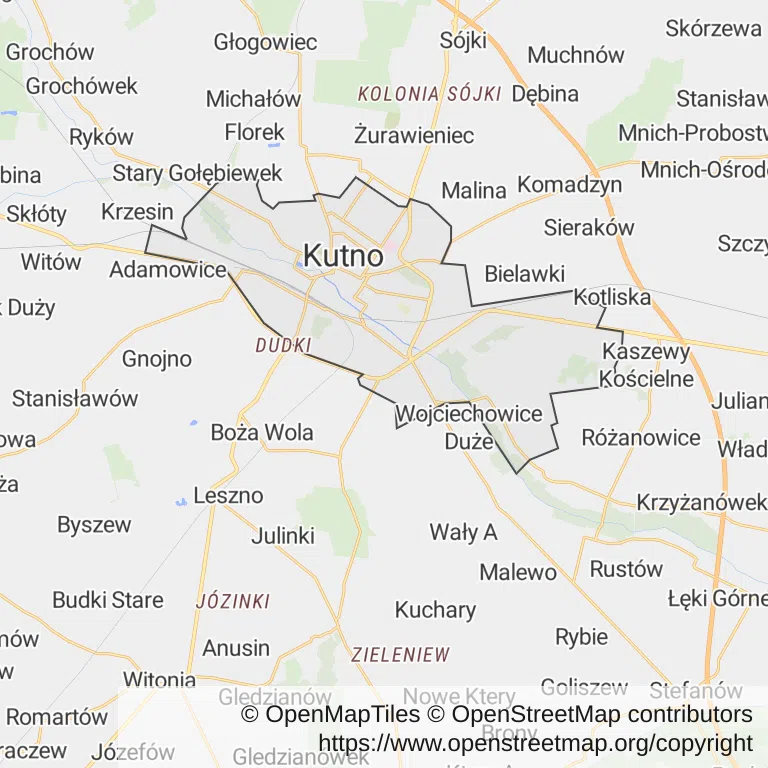 Mapa z zaznaczonym Kutnem