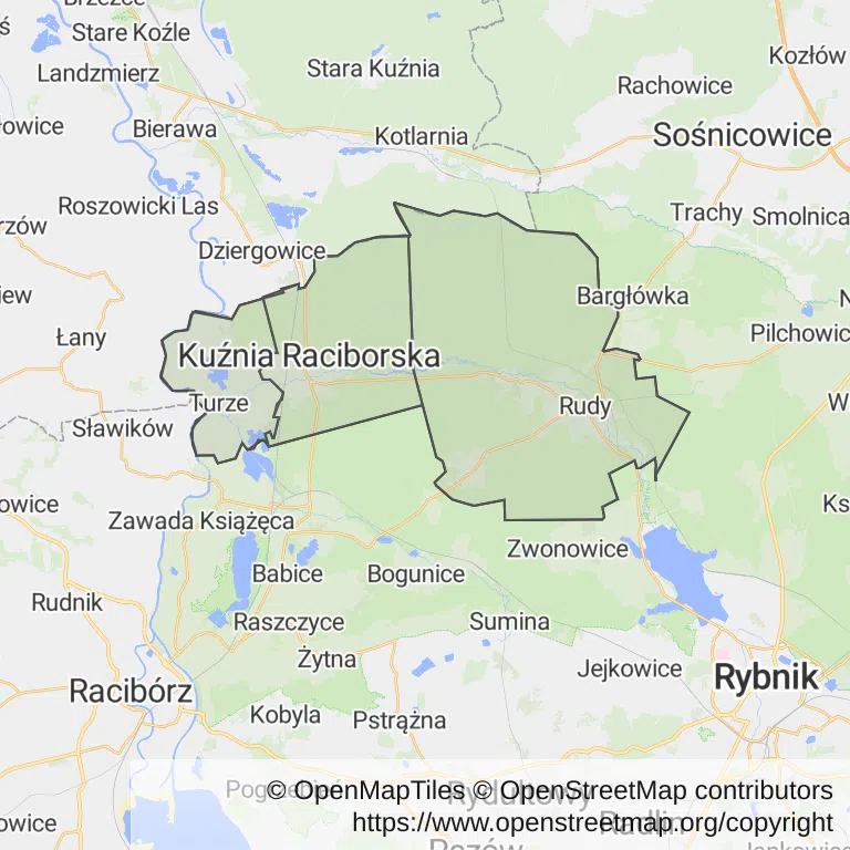 Mapa z zaznaczoną Kuźni Raciborskiej
