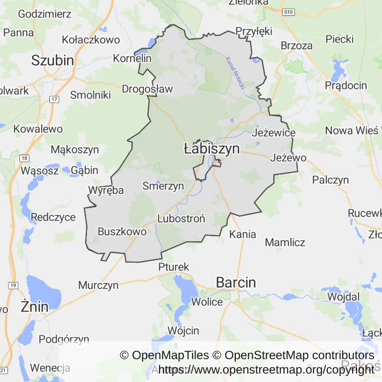 Mapa z zaznaczonym Łabiszynem