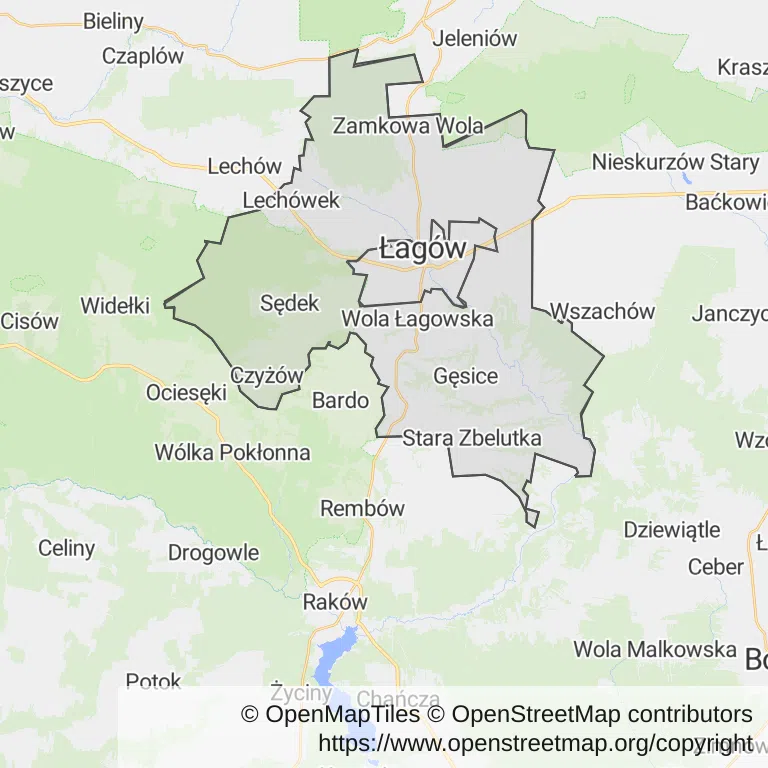 Mapa z zaznaczonym Łagowem