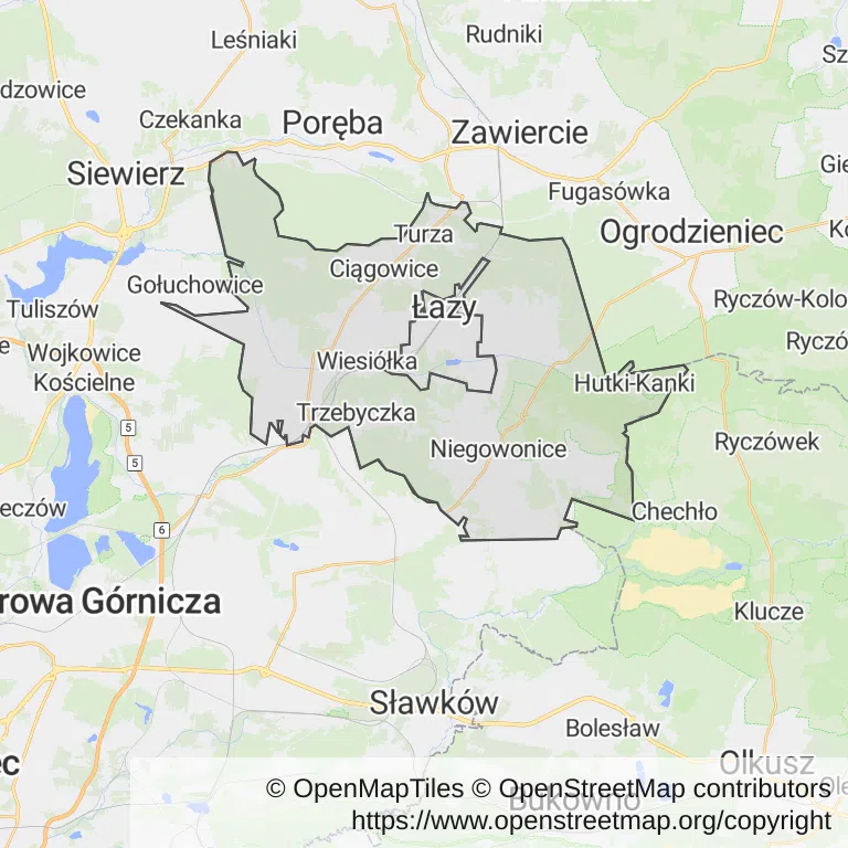 Mapa z zaznaczonym Łazami
