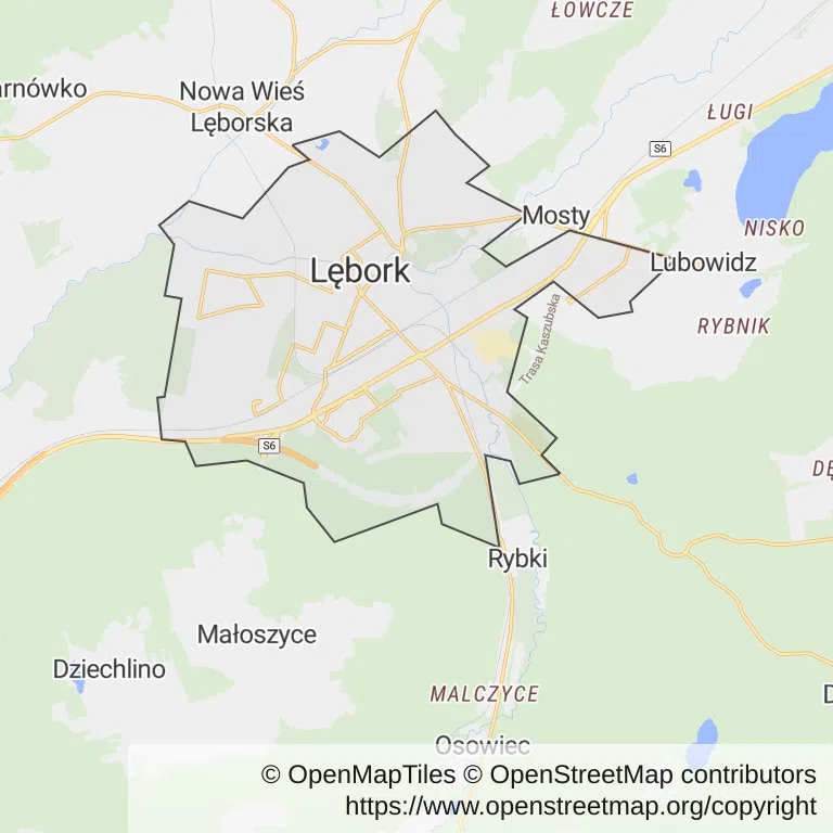 Mapa z zaznaczonym Lęborkiem
