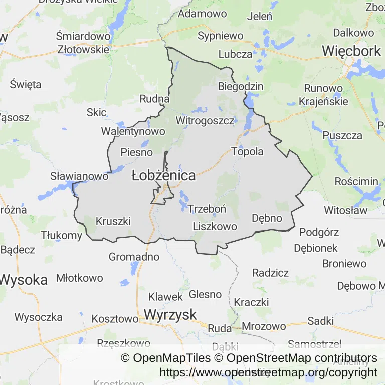 Mapa z zaznaczonym Łobżenicy