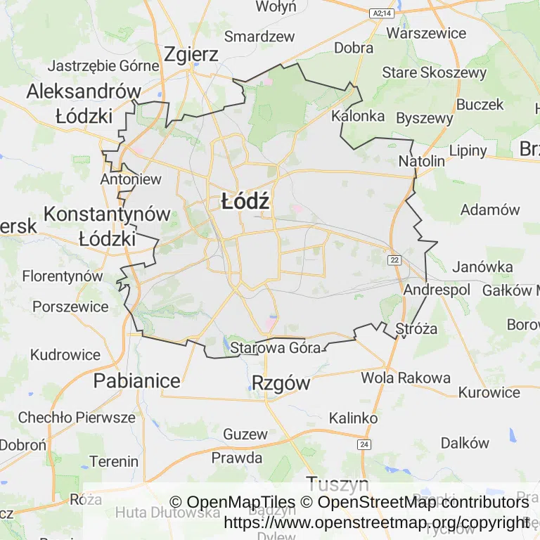 Mapa z zaznaczoną Łodzią