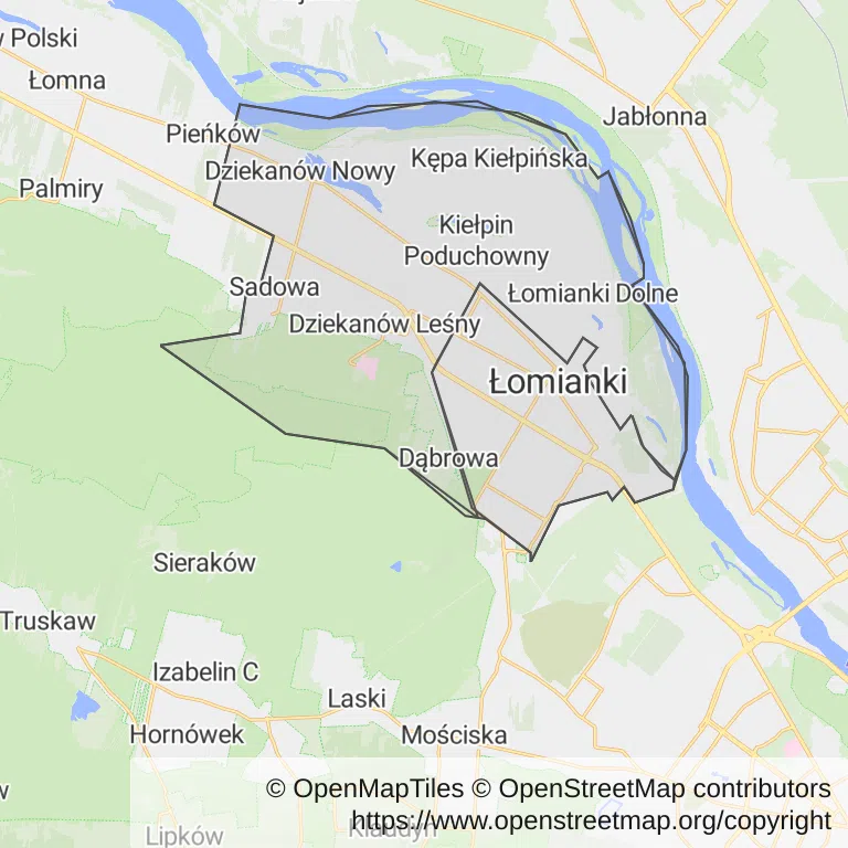 Mapa z zaznaczonym Łomiankami