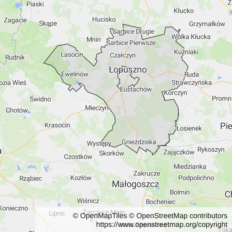 Mapa z zaznaczonym Łopusznem
