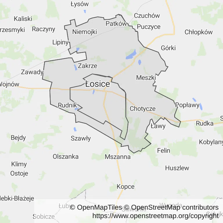 Mapa z zaznaczonymi Łosicami
