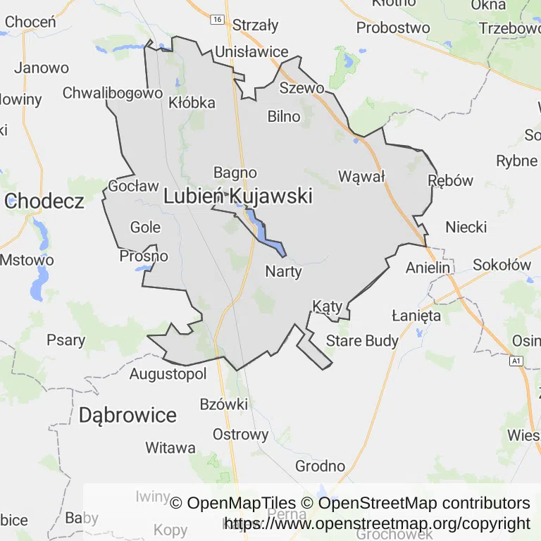 Mapa z zaznaczonym Lubieniu Kujawskim