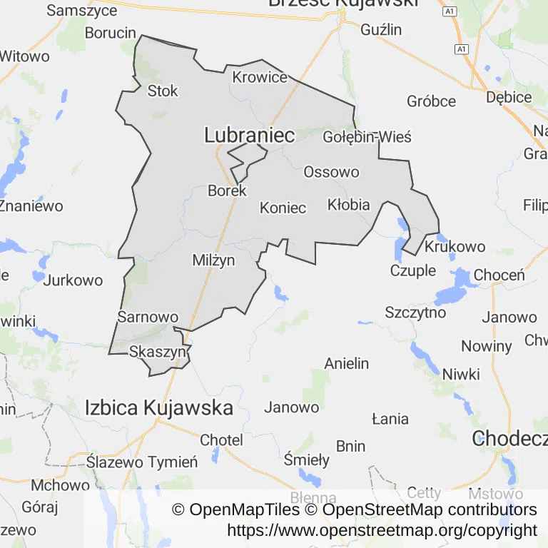 Mapa z zaznaczonym Lubrańcu