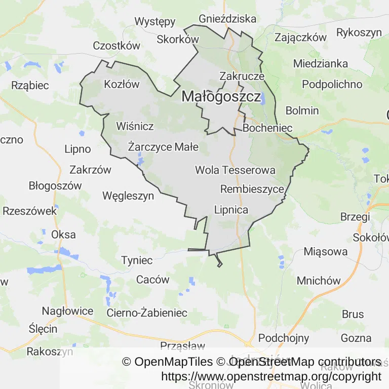 Mapa z zaznaczonym Małogoszczem