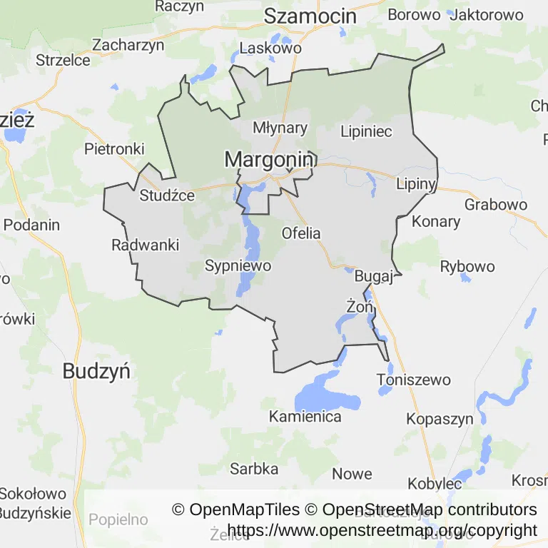 Mapa z zaznaczonym Margoninem