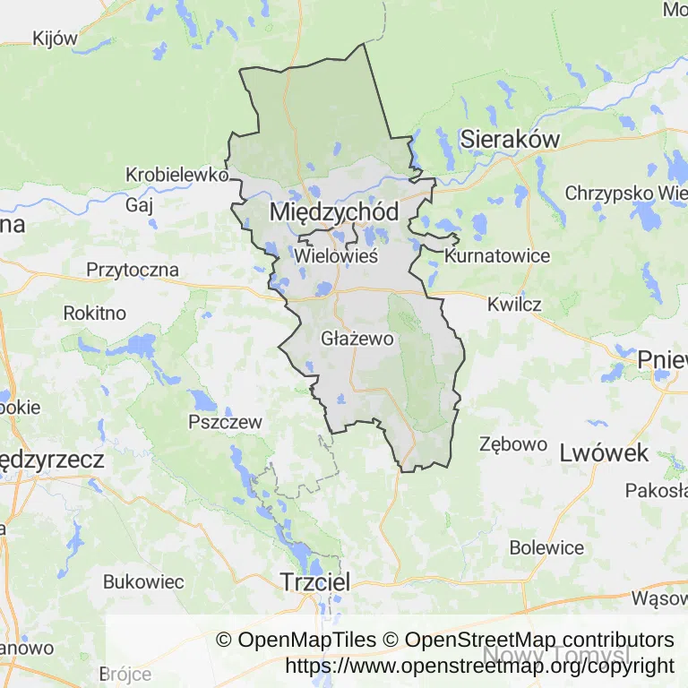 Mapa z zaznaczonym Międzychodzem