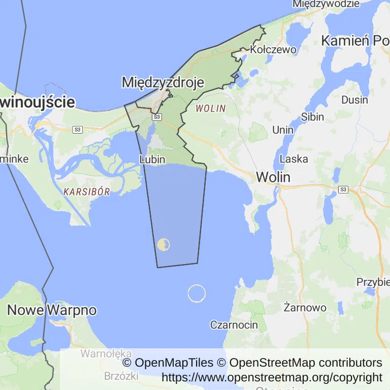 Mapa z zaznaczonym Międzyzdrojami