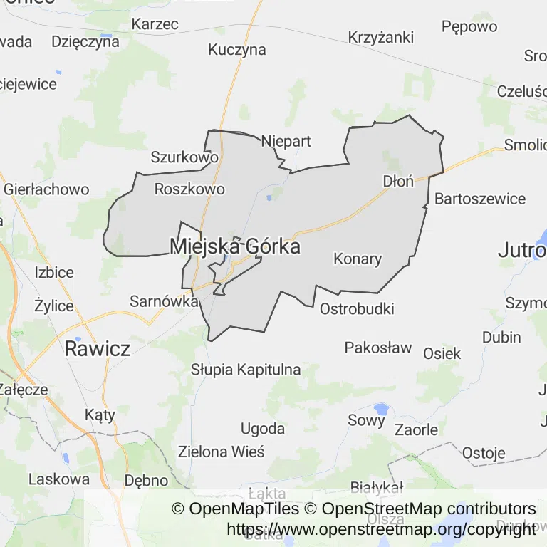 Mapa z zaznaczoną Miejskiej Górką