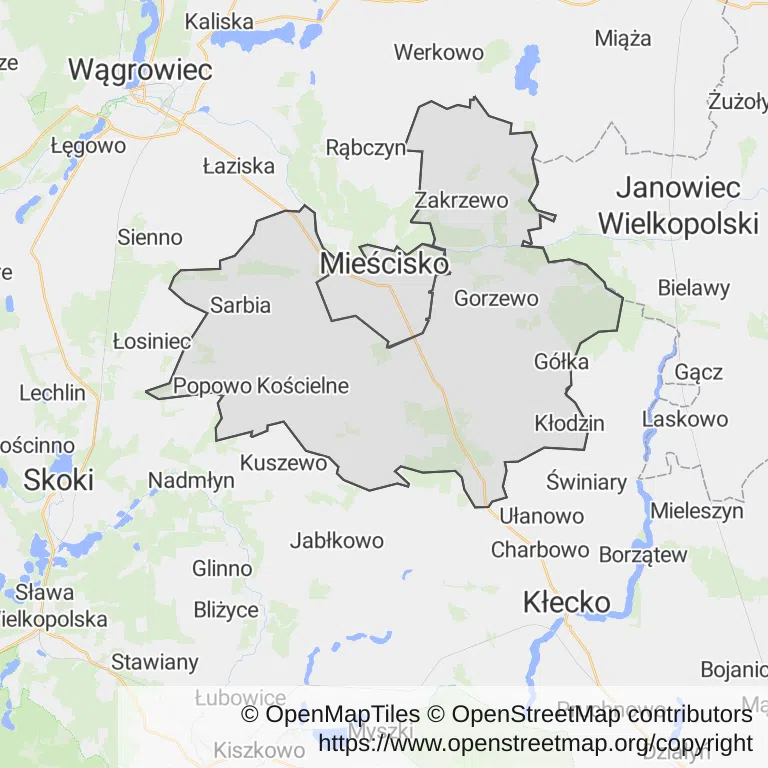 Mapa z zaznaczonym Mieściskiem