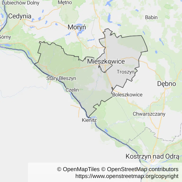 Mapa z zaznaczonymi Mieszkowicami