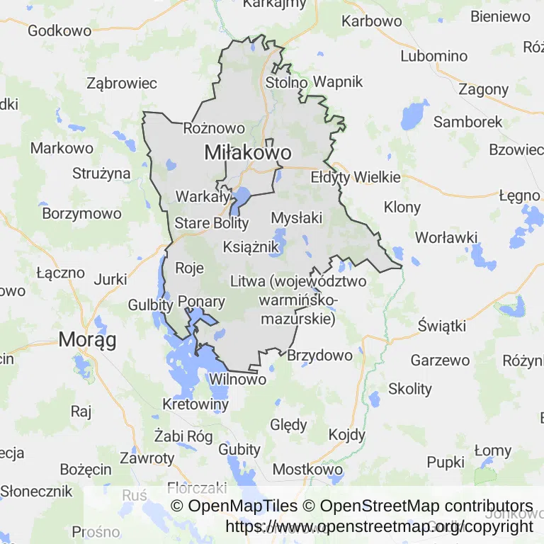 Mapa z zaznaczonym Miłakowem